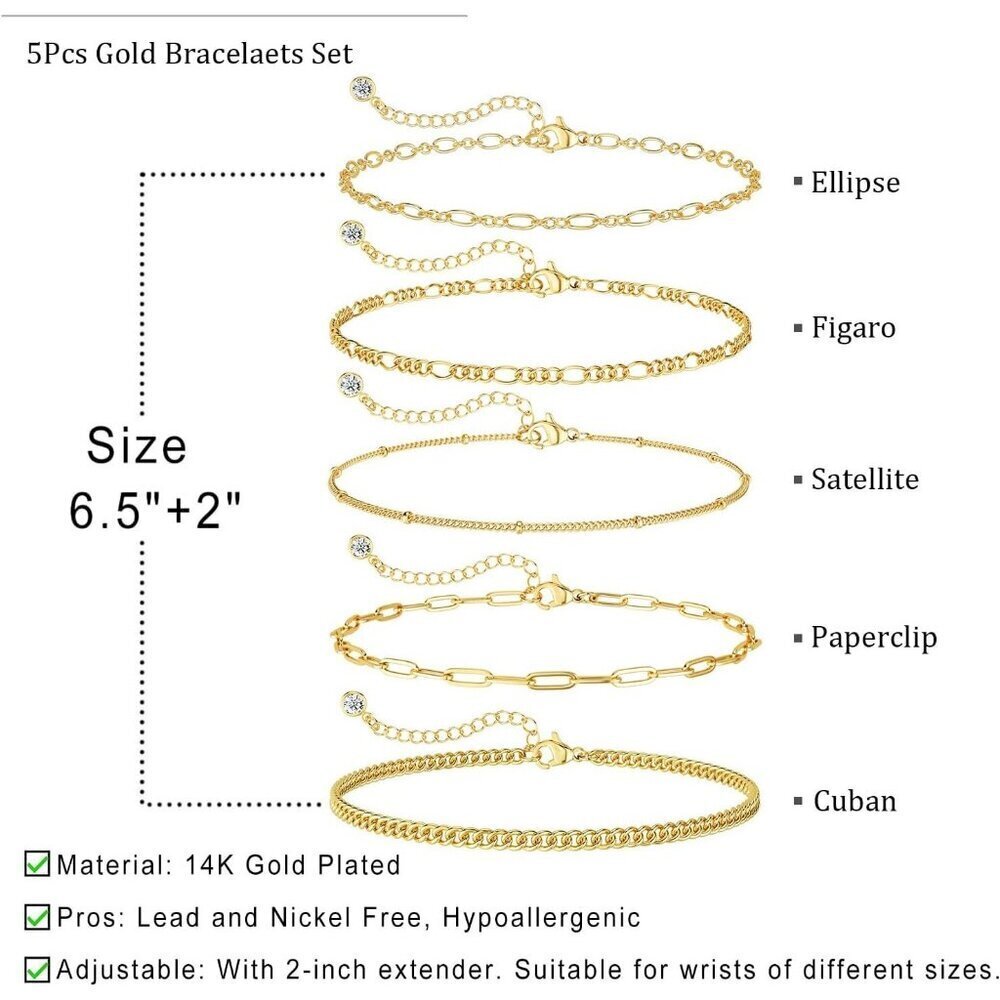 Women's 5Pcs Gold Bracelets for Waterproof, 14K Gold Plated Jewelry Sets Trendy - Picture 4 of 8